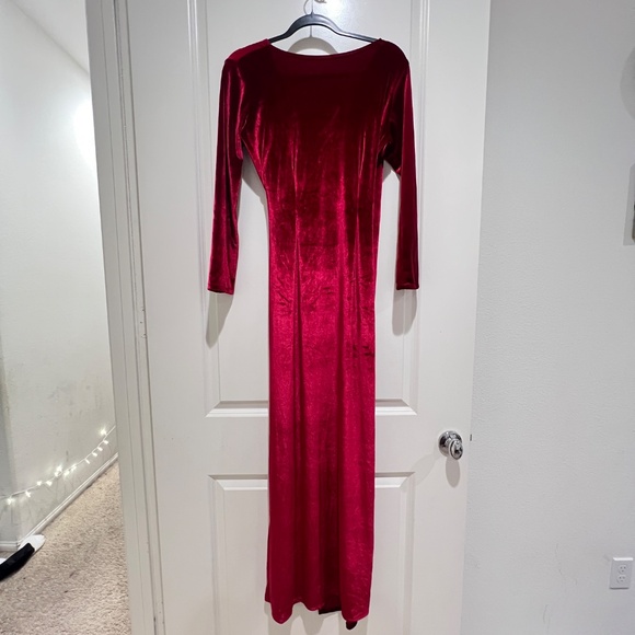 vintage red burgundy maxi dress velvet long sleeve deep v front slit wrap formal - Picture 2 of 10